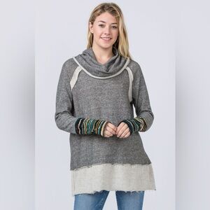 EGS California Teal Trim French Terry Cowl Neck Tunic Artsy Fall Boho Indie